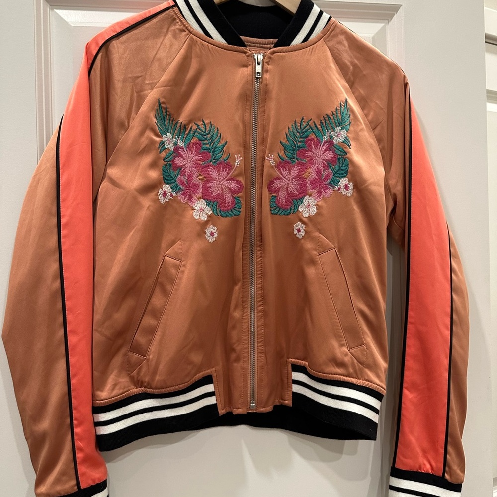 Tropical Satin Bomber Jacket NWOT XS Coral - Picture 2 of 6